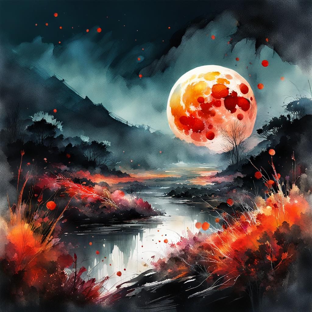 Blood Moon Over Lush Summer Landscape