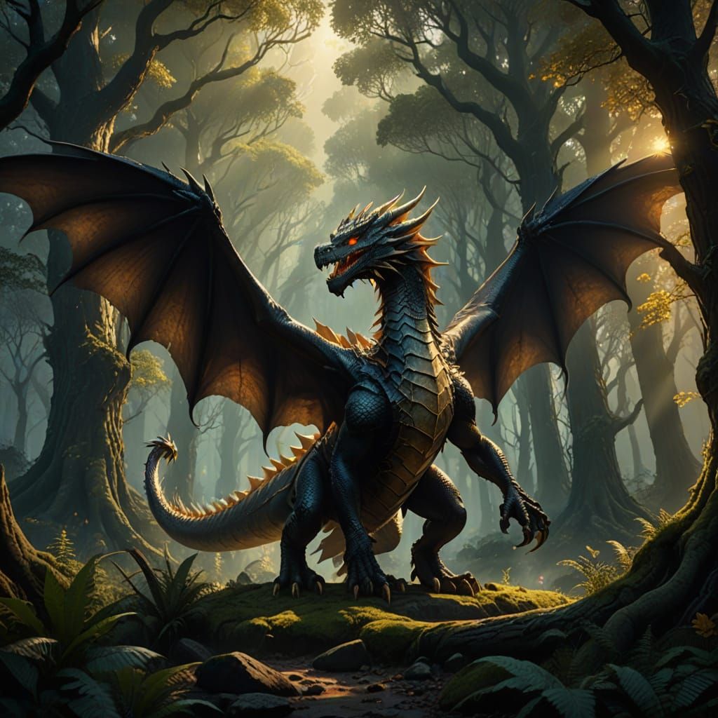 Majestic Dragon Soars through Ancient Forest in Epic Fantasy...