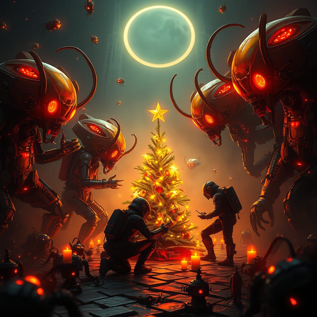 Dark Futuristic Divers Set Christmas Tree Amidst Sci-Fi Mena...