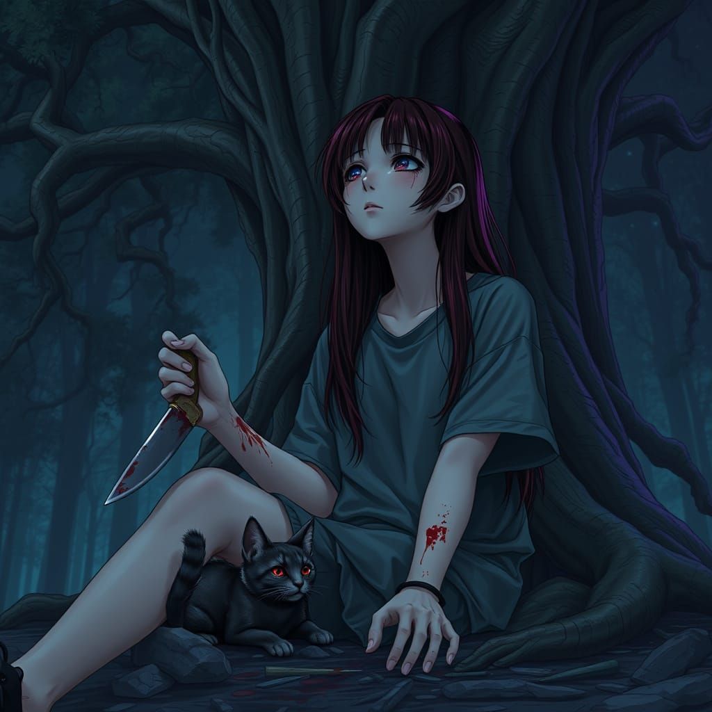 Manga-Inspired Teen Girl in Forest Night, Tears and Blood