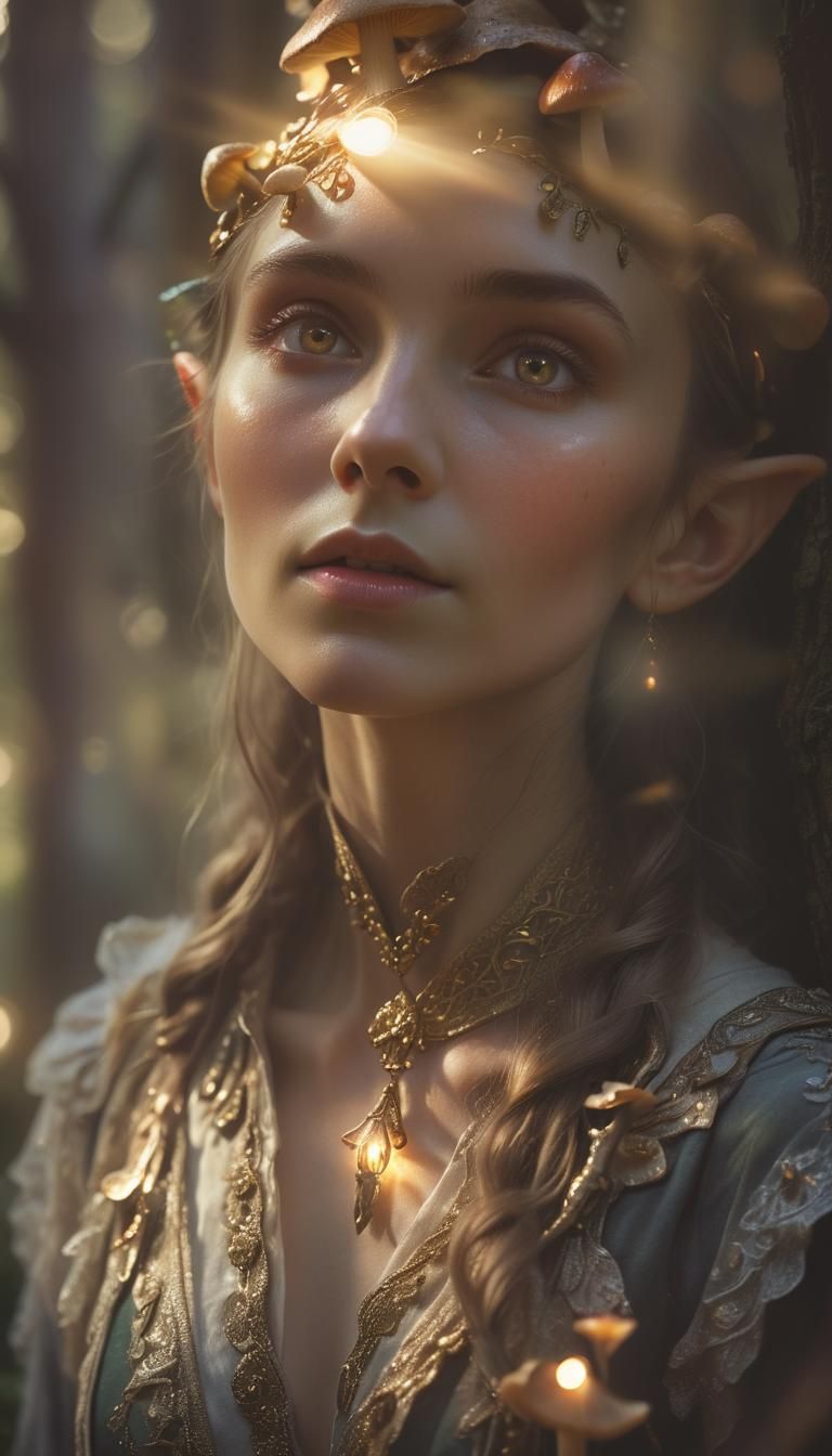 Enchanting Elf Portrait in Mystical Forest, HDR Lighting