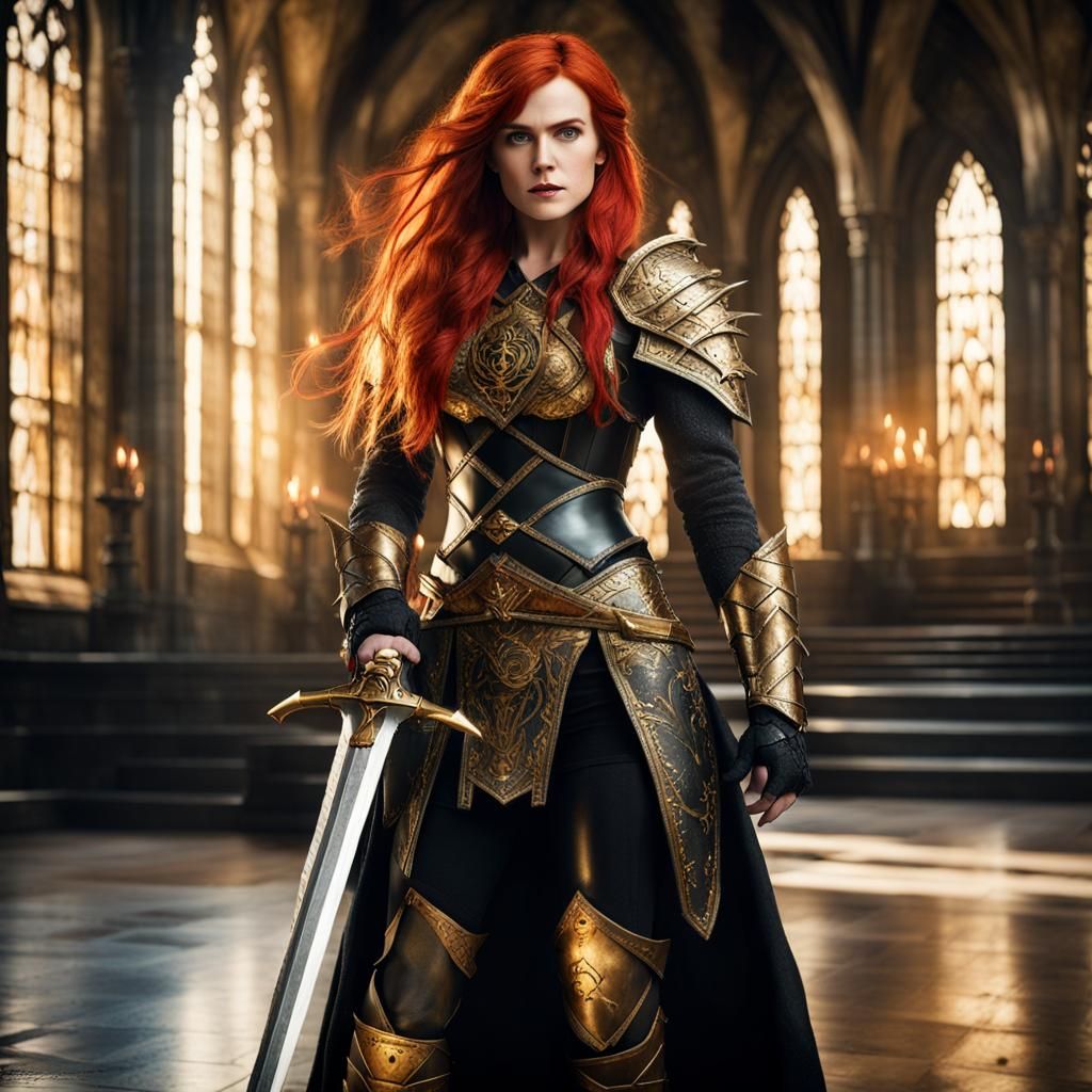 (#3 new)Lady Aribeth de Tylmarande, (Isla Fisher), female elf paladin, wild red hair, gold armored open bustier breast p...