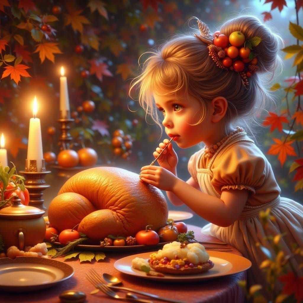 Cute Girl Steals Thanksgiving Turkey, Fantasy Art