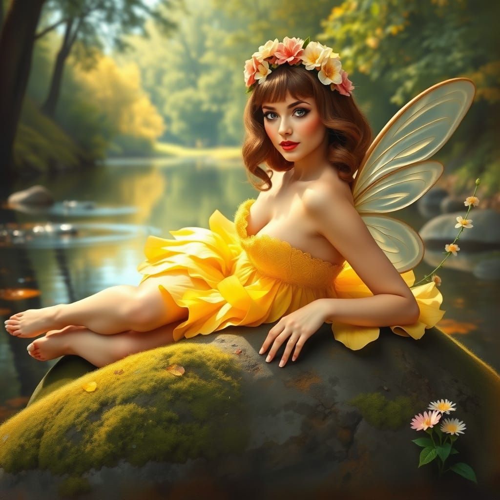 Idyllic Spring Pin-Up Model Fairy in Sunny Yellow