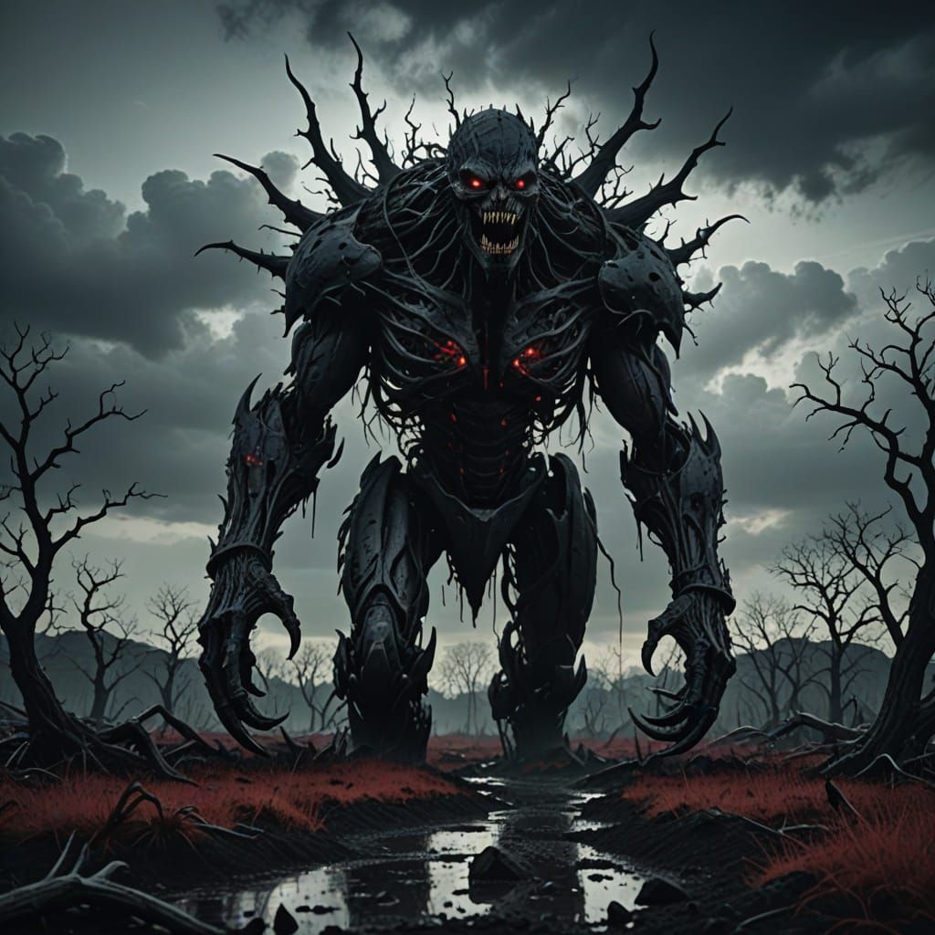 A nightmarish, surreal landscape drenched in darkness and dread. The sky churns with heavy, black clouds that drip thick...