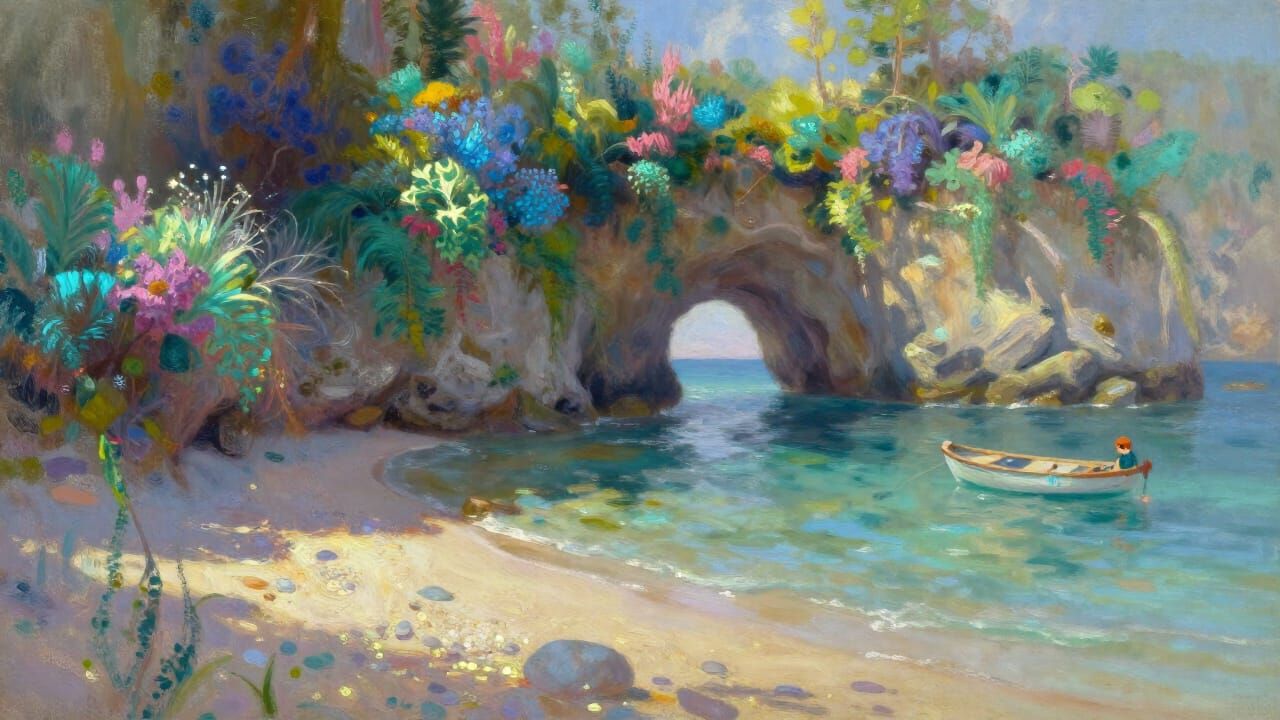Hidden Cove with Turquoise Sea and Bioluminescent Flora