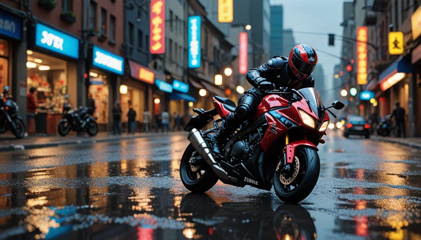 Miniature Toy Biker on Suzuki in Scale City