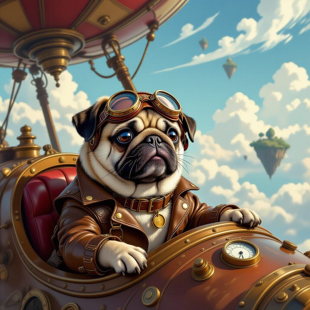 Steampunk Pug Pilot in Fantastical Airship Cockpit