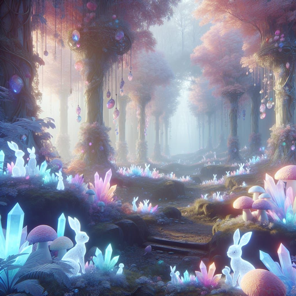 Pastel Crystal Bunnies in Enchanted Forest Concept Art