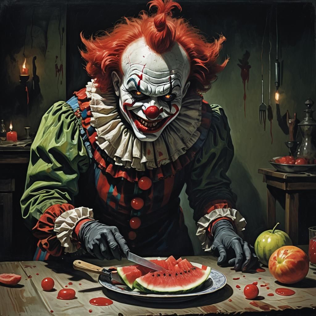 Evil Clown's Macabre Watermelon: Detailed Matte Painting