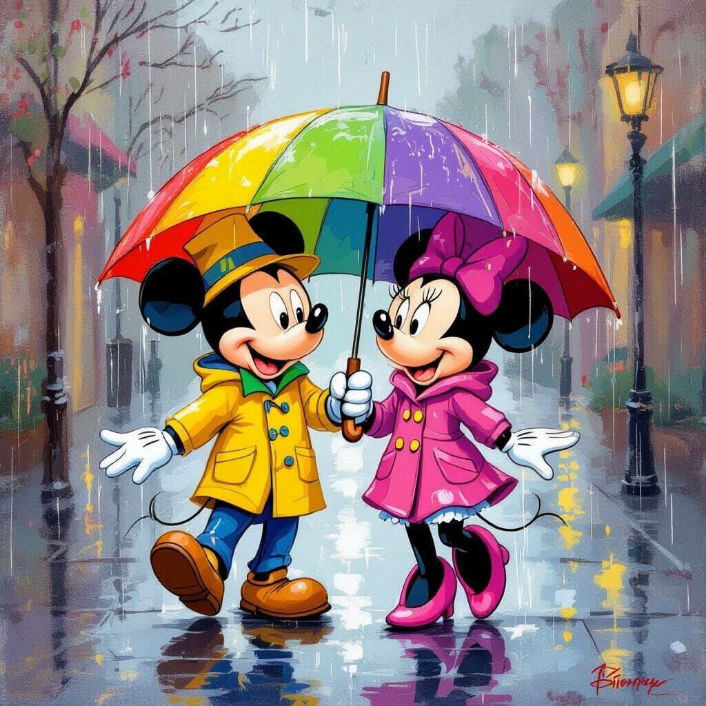 Mickey and Minnie in Rainy Disney Illustration