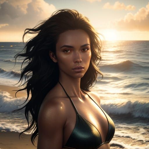 Woman in Bikini on Beach in Golden Light