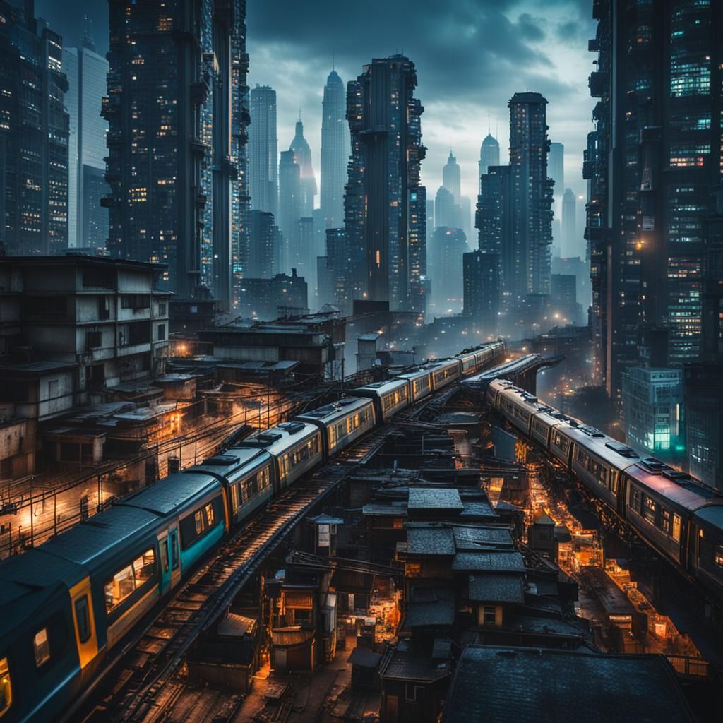 Futuristic Metropolis Contrasts Dark Slums