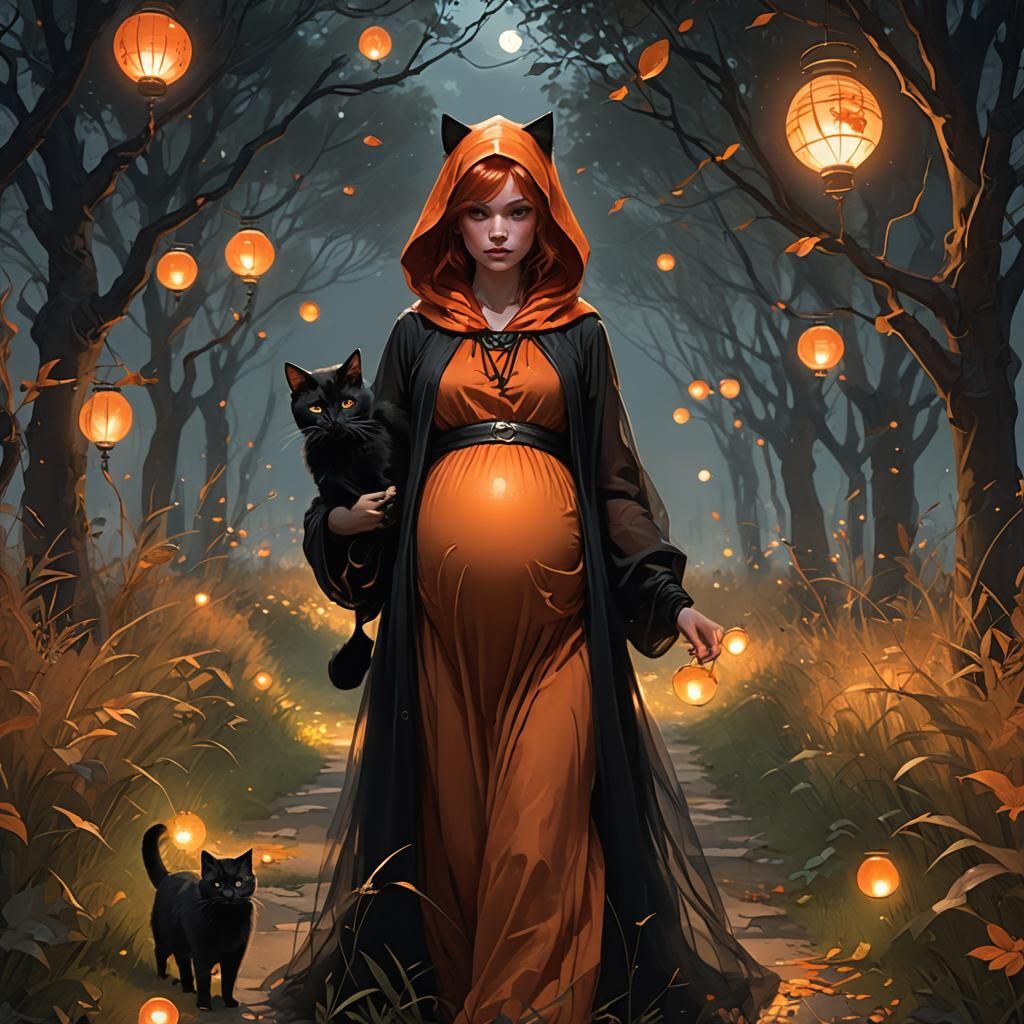 Autumnal Maternity Portrait with Cat, Art Nouveau Style