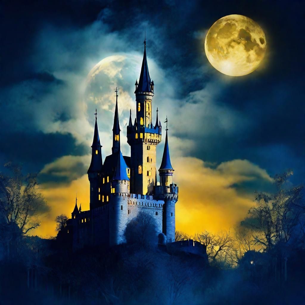 Fairytale Castle Dissolves Under Golden Moon in Double Expos...