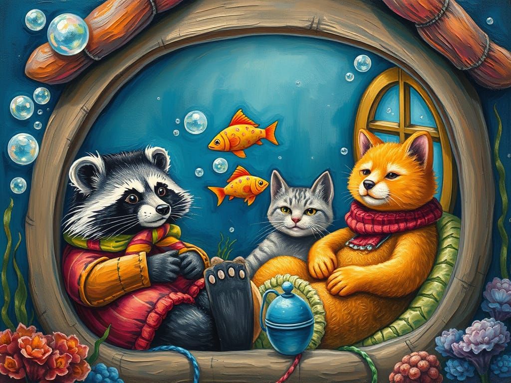 Animals in Underwater House, Neo-Impressionism Style