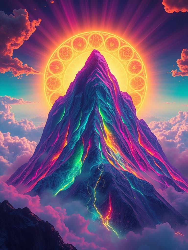Surreal, Rainbow-Hued Mountain Landscape in Psychedelic Styl...