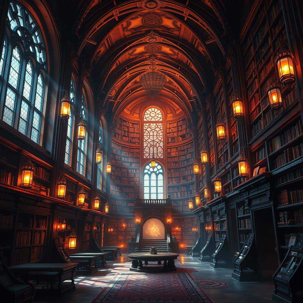 Ethereal Festive Library Scene in a Futuristic Style
