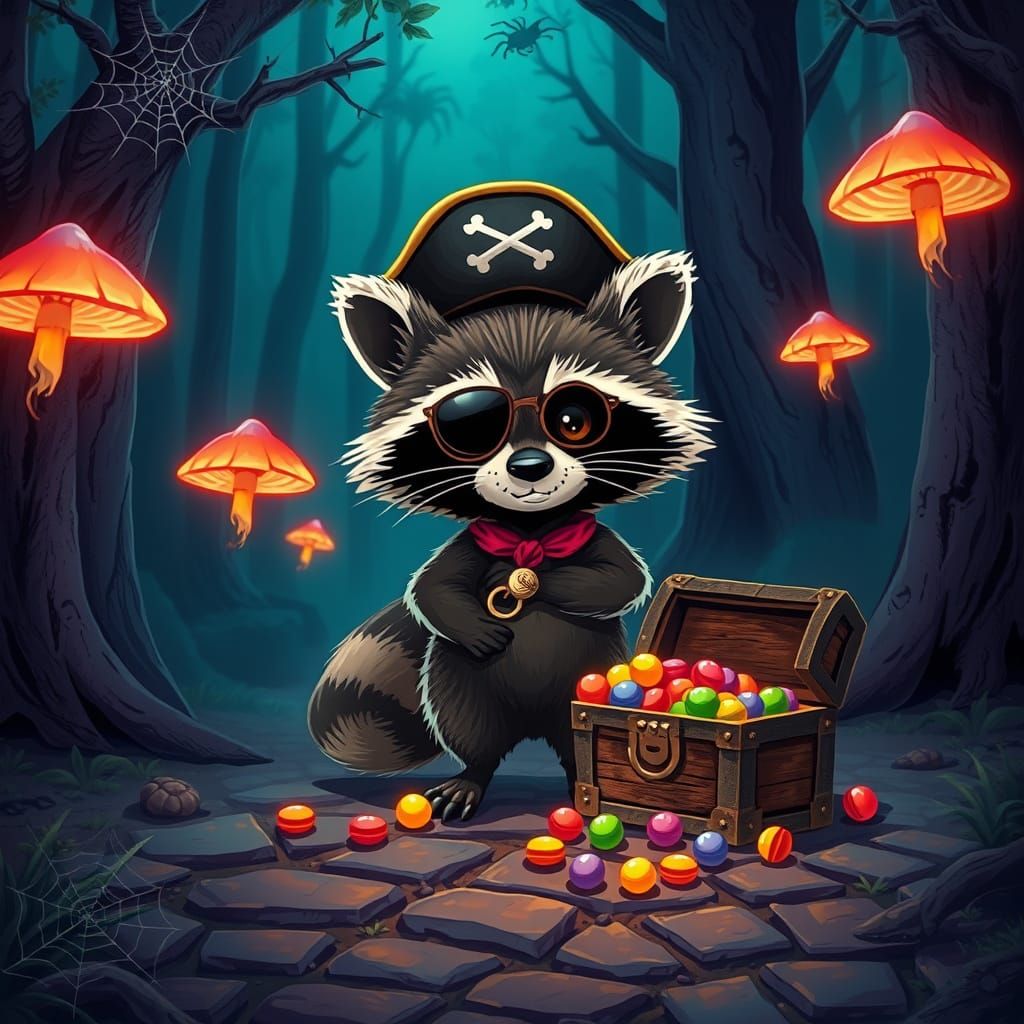 Pirate Raccoon Guards Candy Treasure in Neon Forest