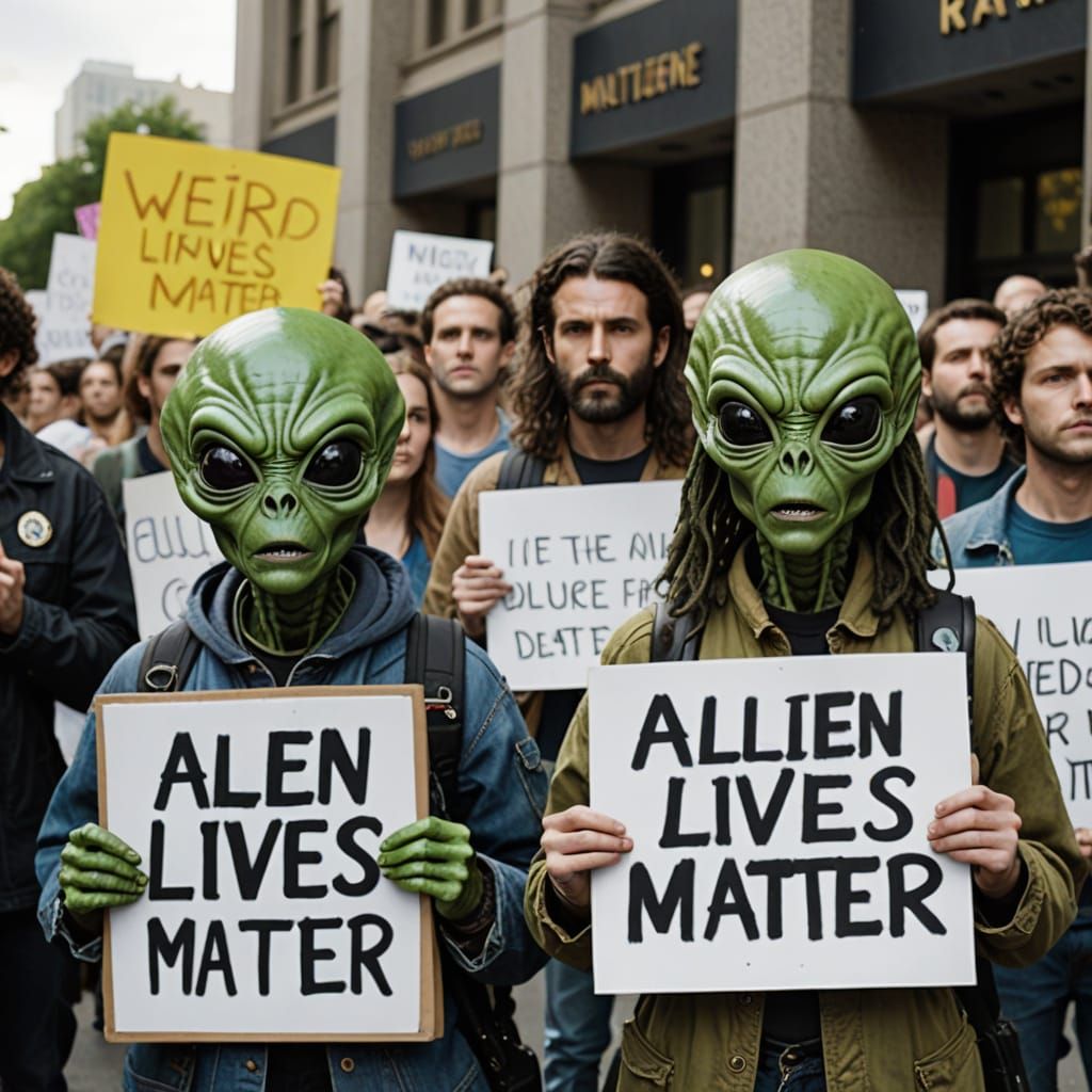 Alien Protestors in Close-Up, Graffiti and Chaos