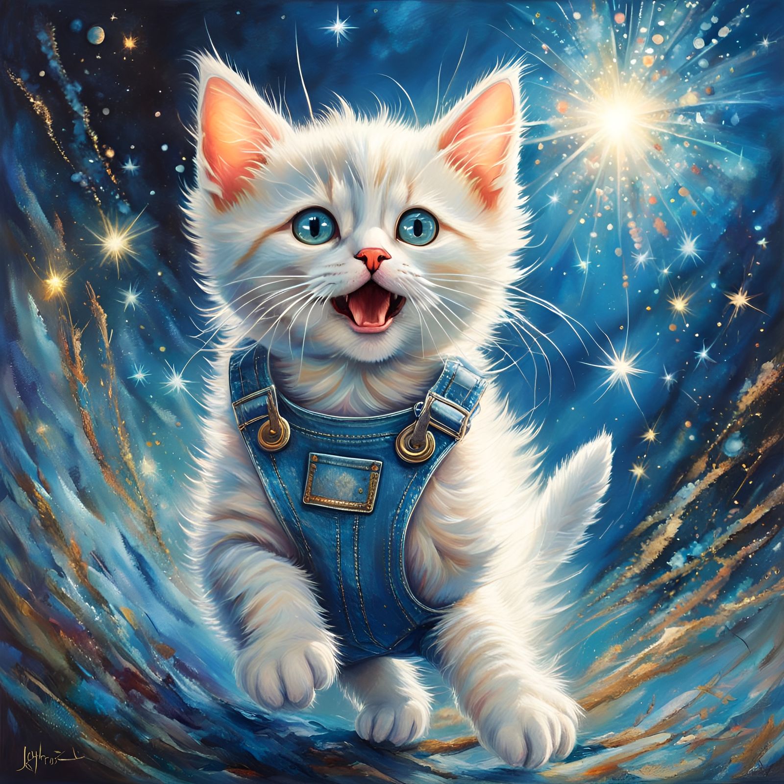 Joyful Kitten in Overalls: Iridescent Folk Art