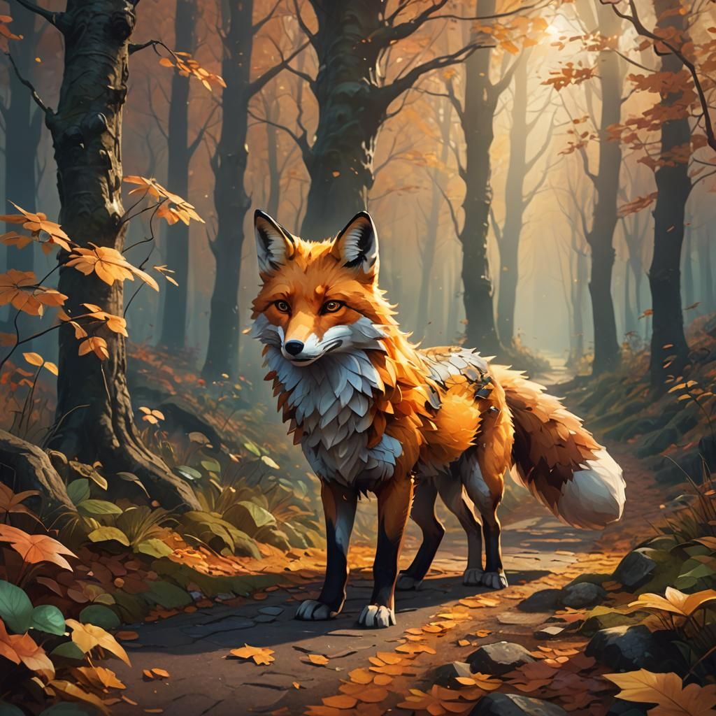 Mythical Fox Walks Autumn Path: Oil Painting