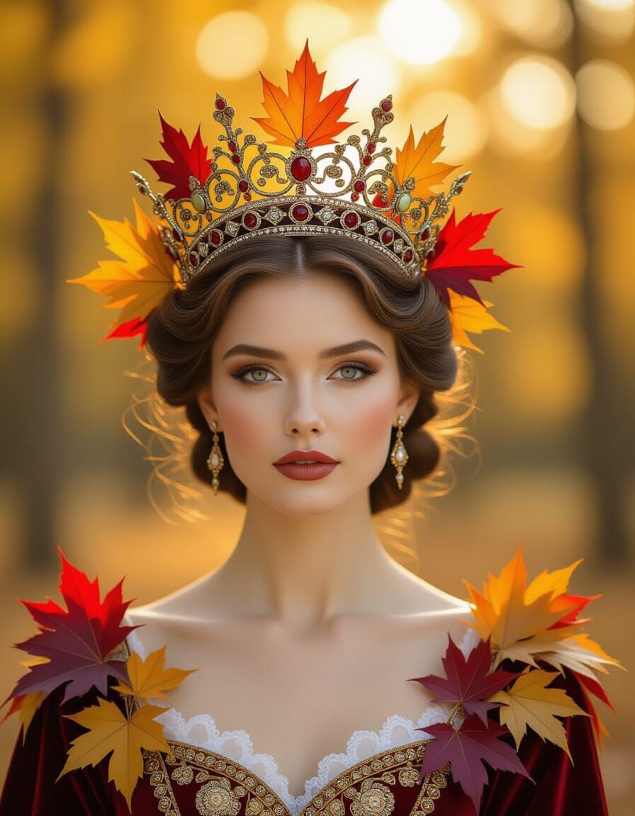 Regal Queen Wears Autumn Leaf Crown in Forest