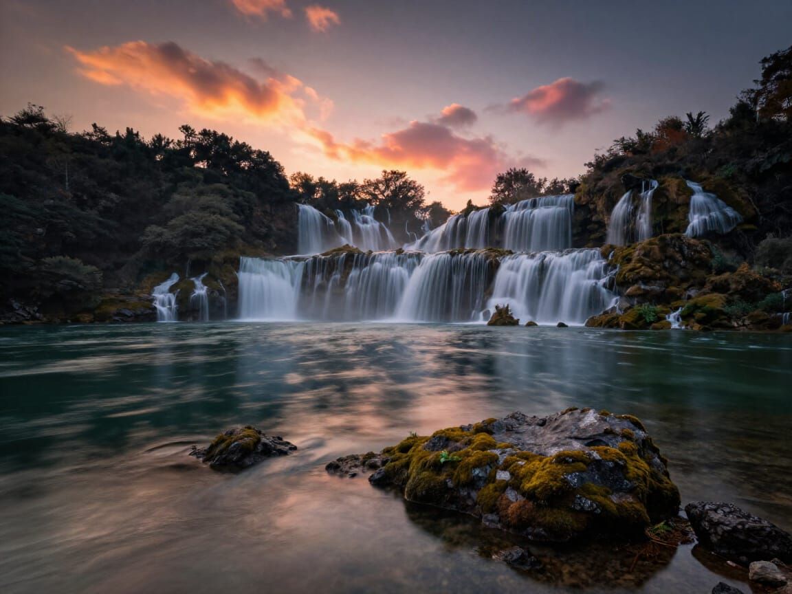 Dramatic Multi-Tier Waterfall at Sunset Landscape Photo