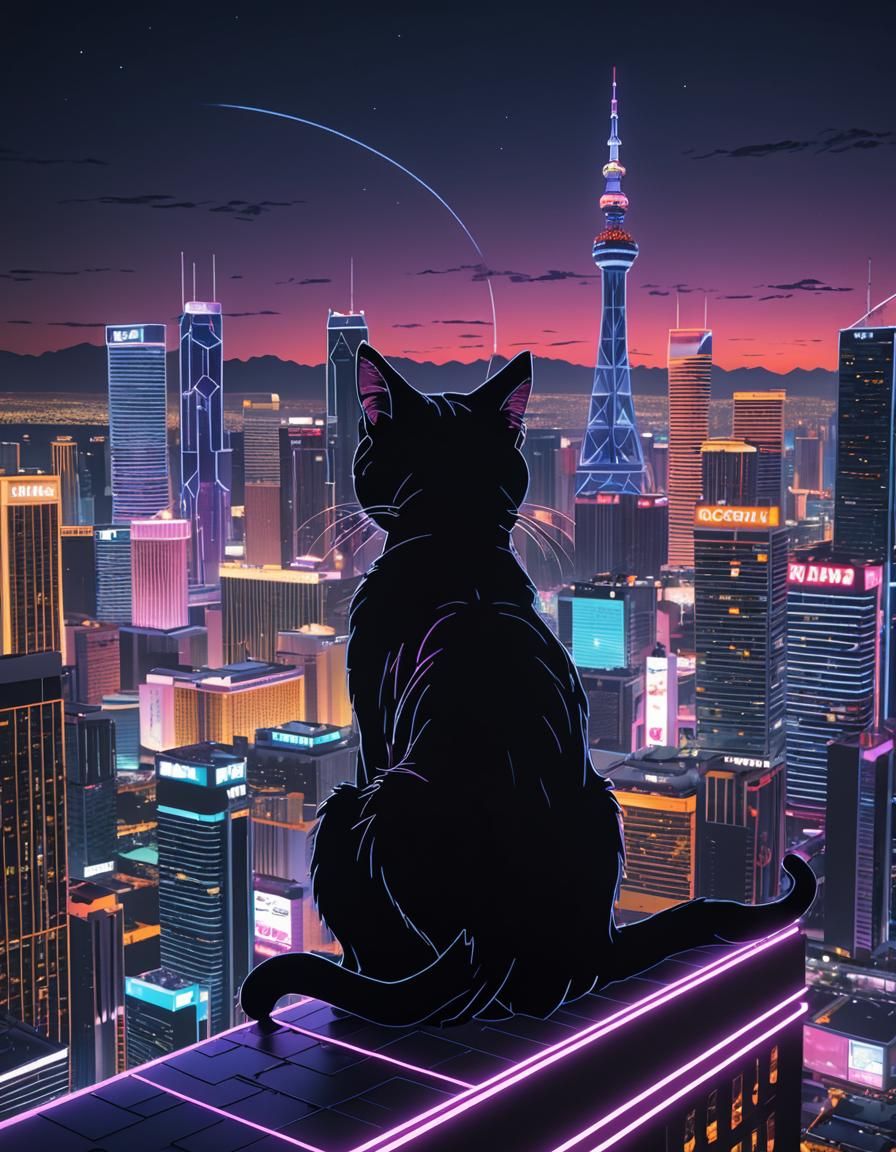 Neon Cat Advertisement on Skyscraper in Vegas