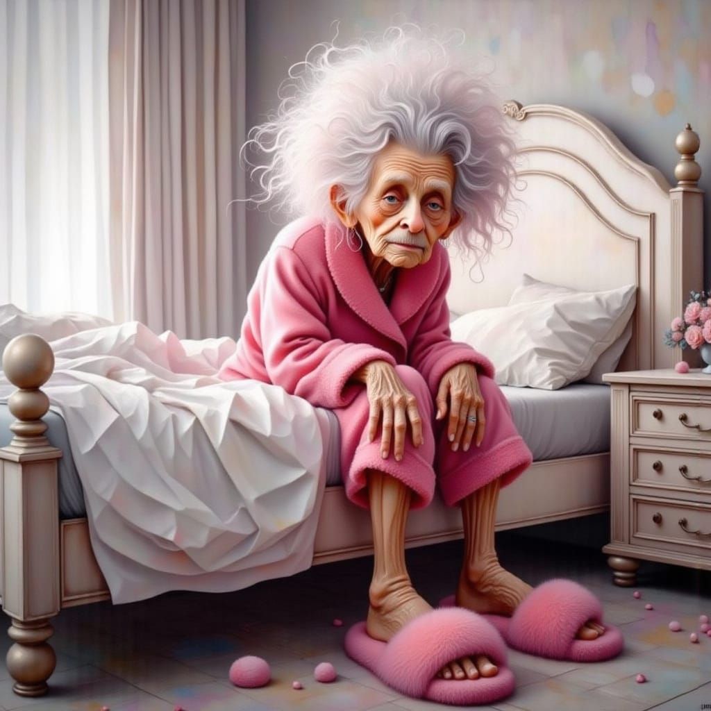 Whimsical Granny Portrait in Exaggerated Ink Style