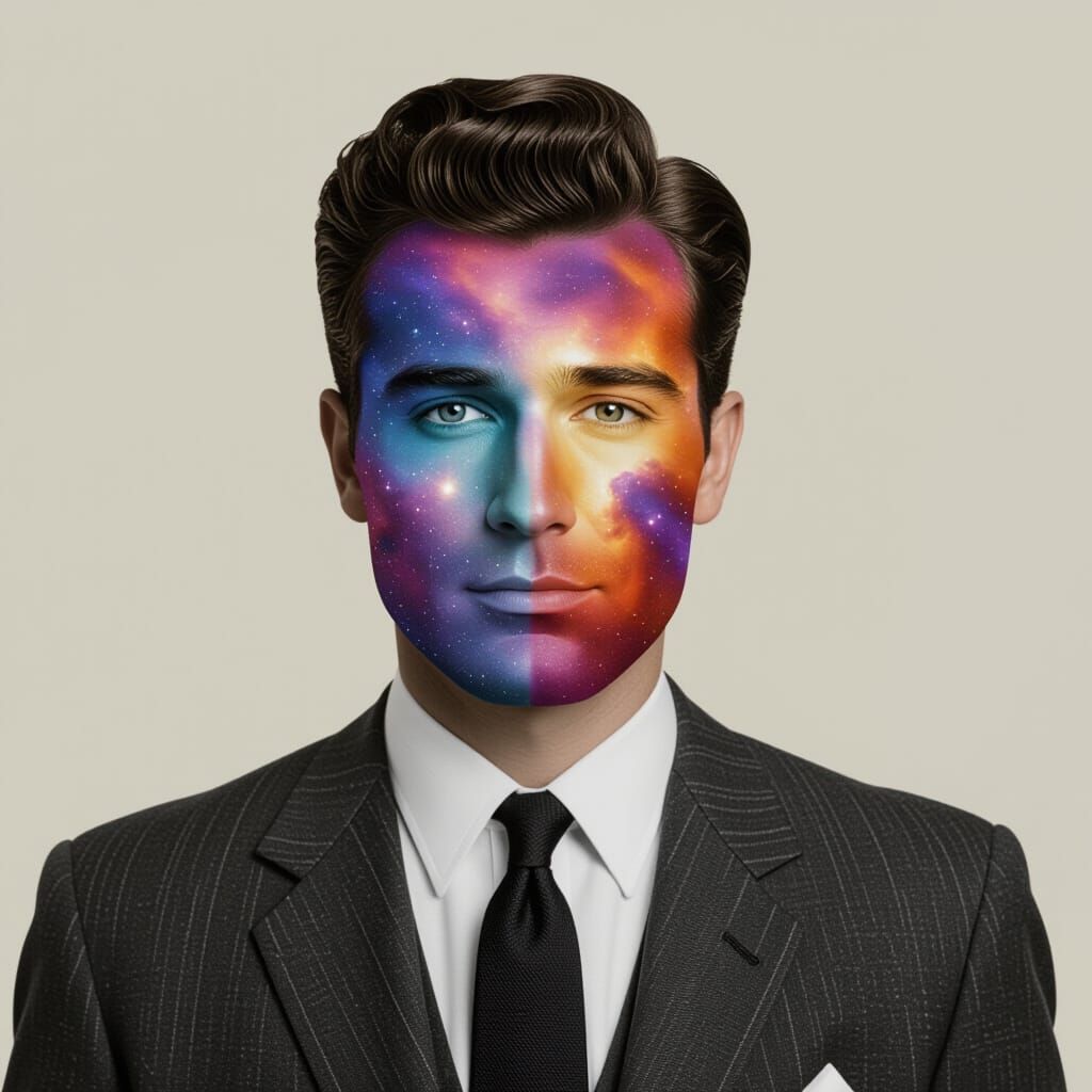 Cosmic 1950s Man with Nebula Face