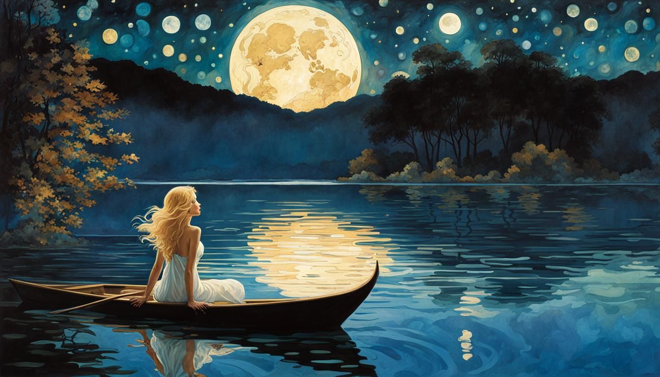 Woman Night Swimming: Klimt-Inspired Art Nouveau