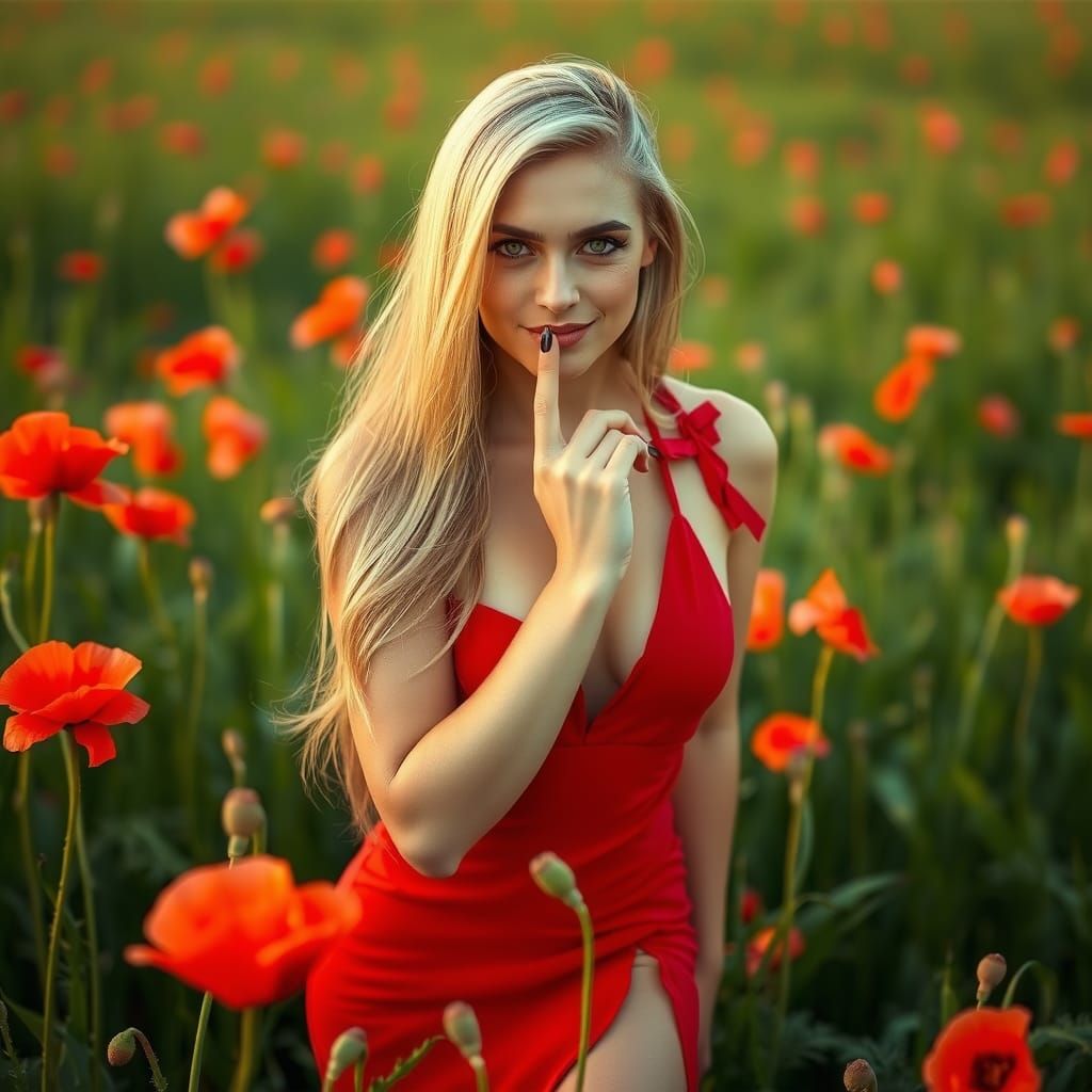 Blonde Woman in Red Dress in Poppy Field