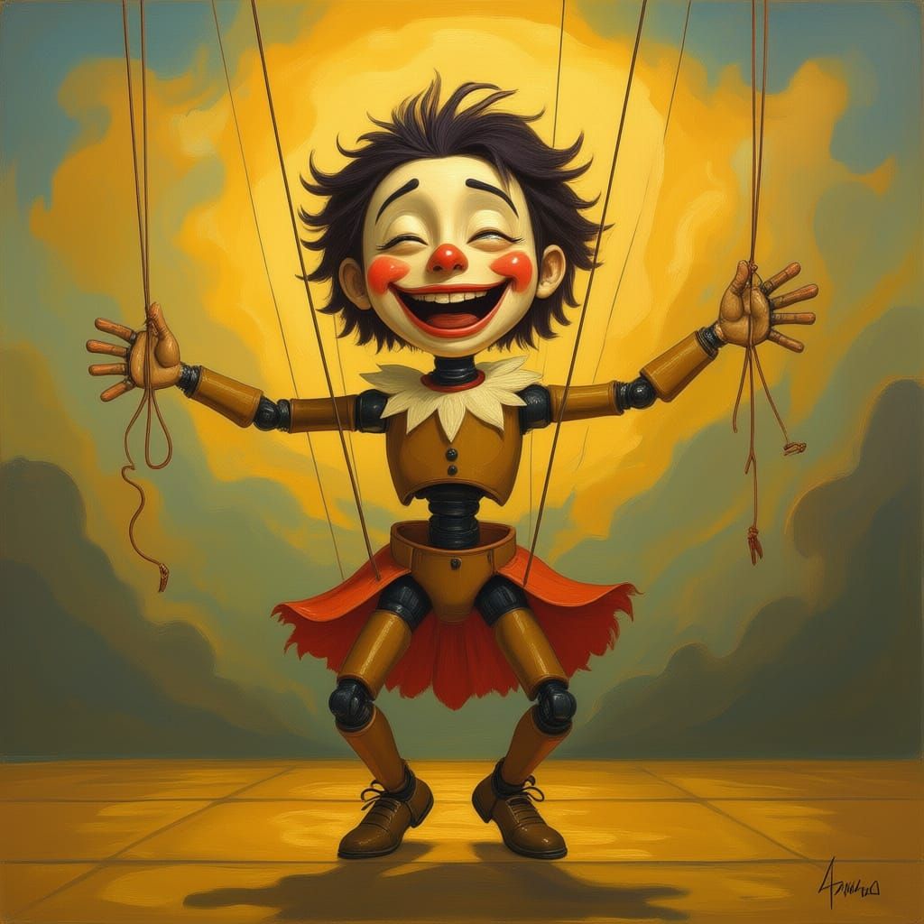 Joyful Marionette Dancer in Golden Hour Oil Painting