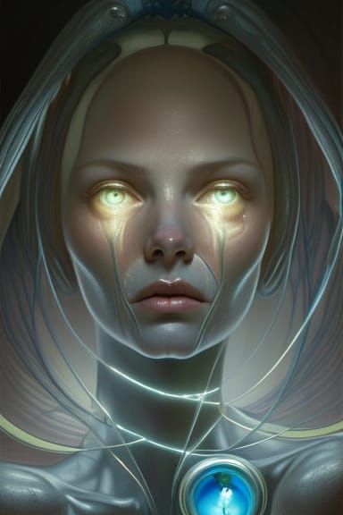 Alien woman with tight scaled skin high cheekbones and large baby blue eyes framed by long eyelashes, head and shoulders...