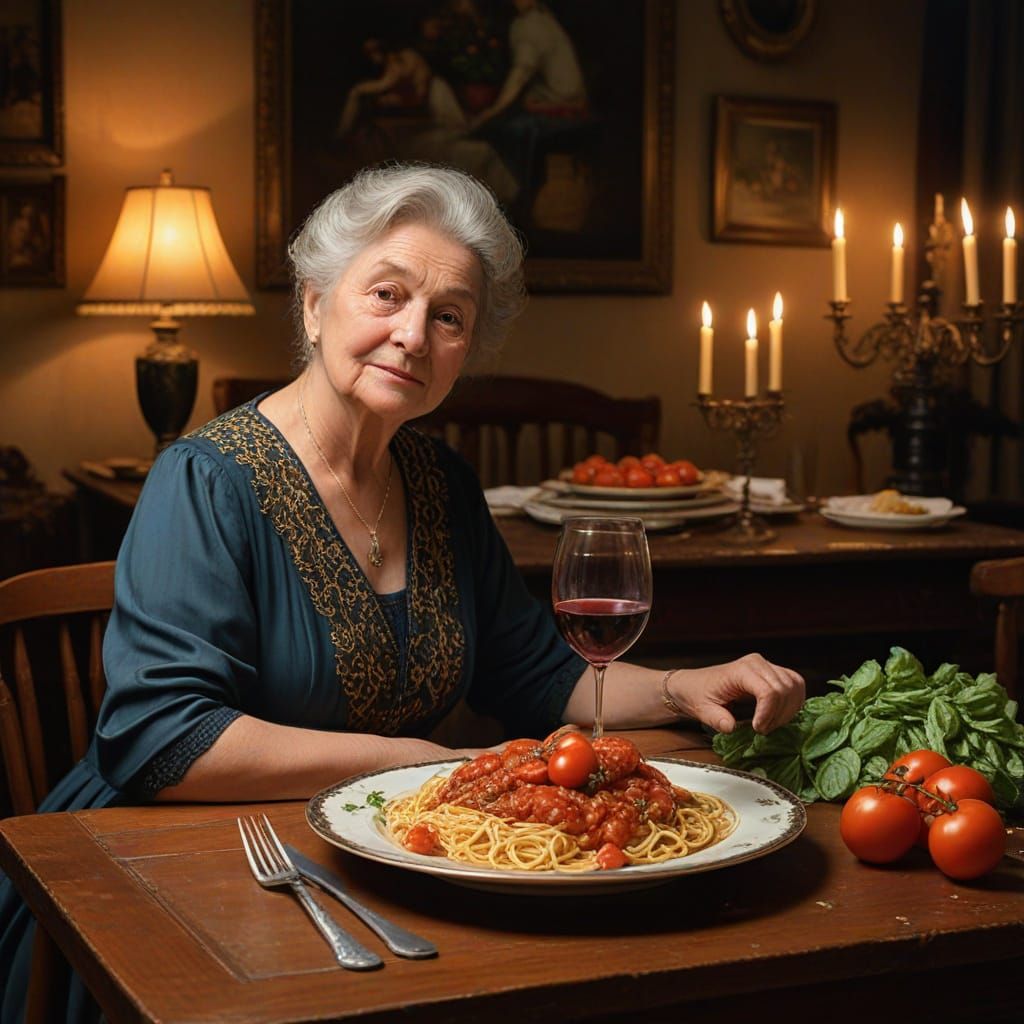 Victorian Grandma's Cozy Spaghetti Dinner Painting