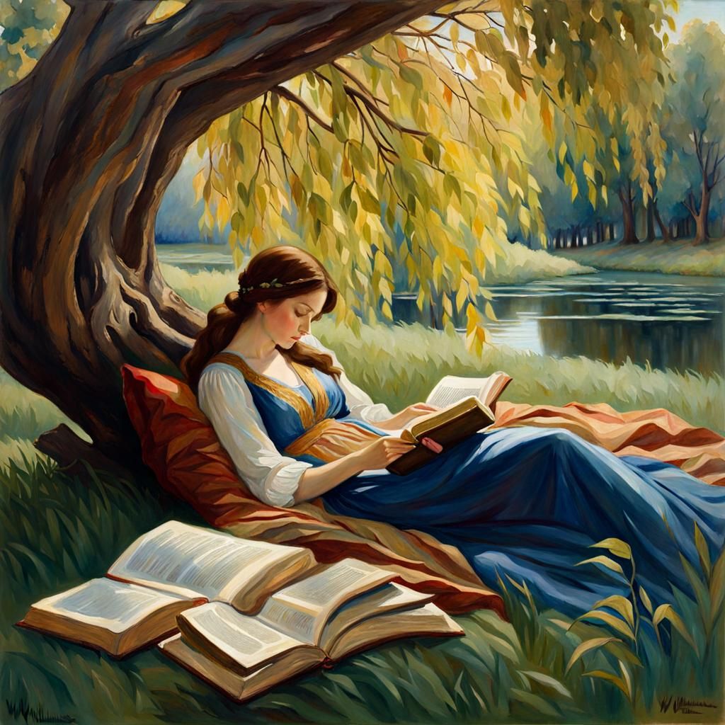 Woman Asleep in Willow Tree, Waterhouse-Inspired Watercolor