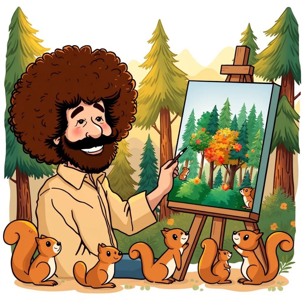 Bob Ross Paints a Happy Forest in Folk Art Style