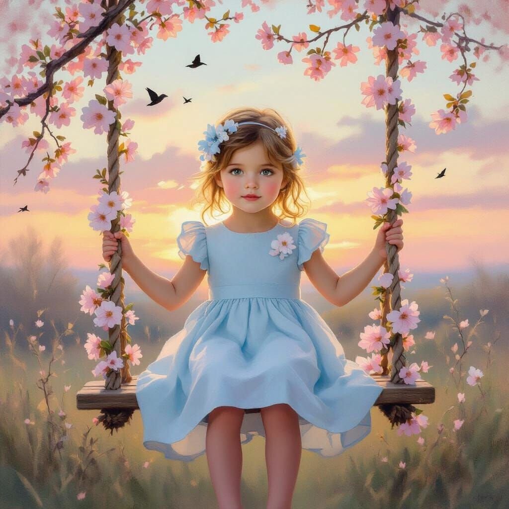 Girl on Swing at Pastel Sunset, Impressionist Oil Painting