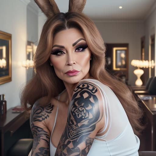 Surprised Bodybuilder with Tattoo in Mansion at Night