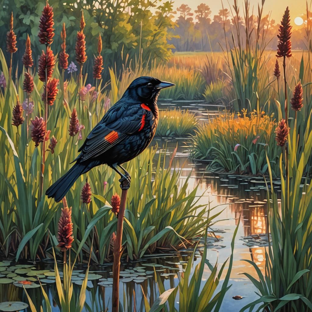 Redwing Blackbird on Cattail: Gouache Impressionist Masterpi...