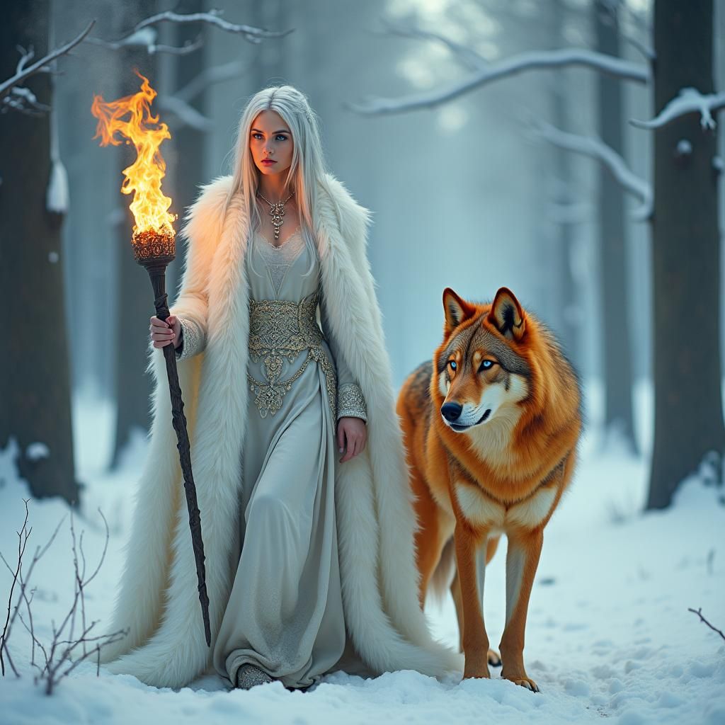 Ice Queen and Fire Wolf in Dreamy Landscape