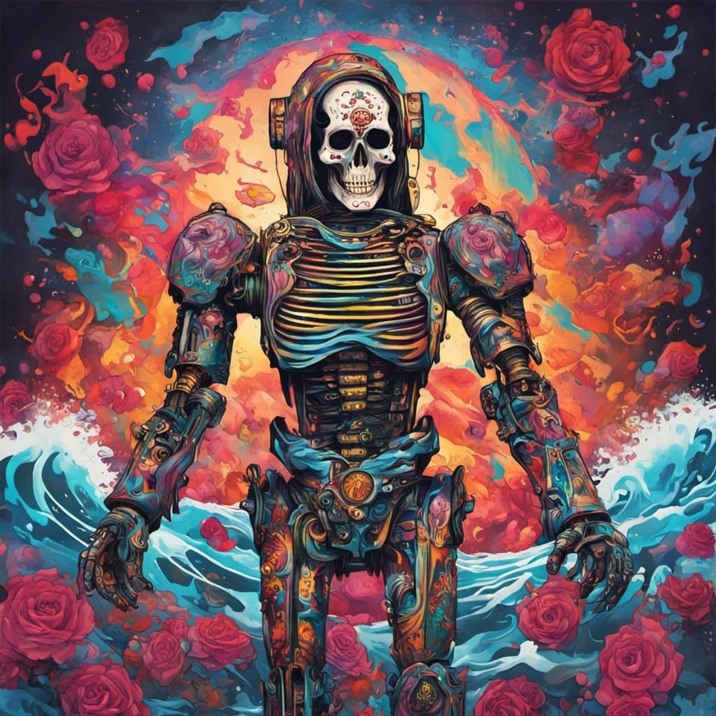 Santa Muerte Robot in Graffiti Art Style