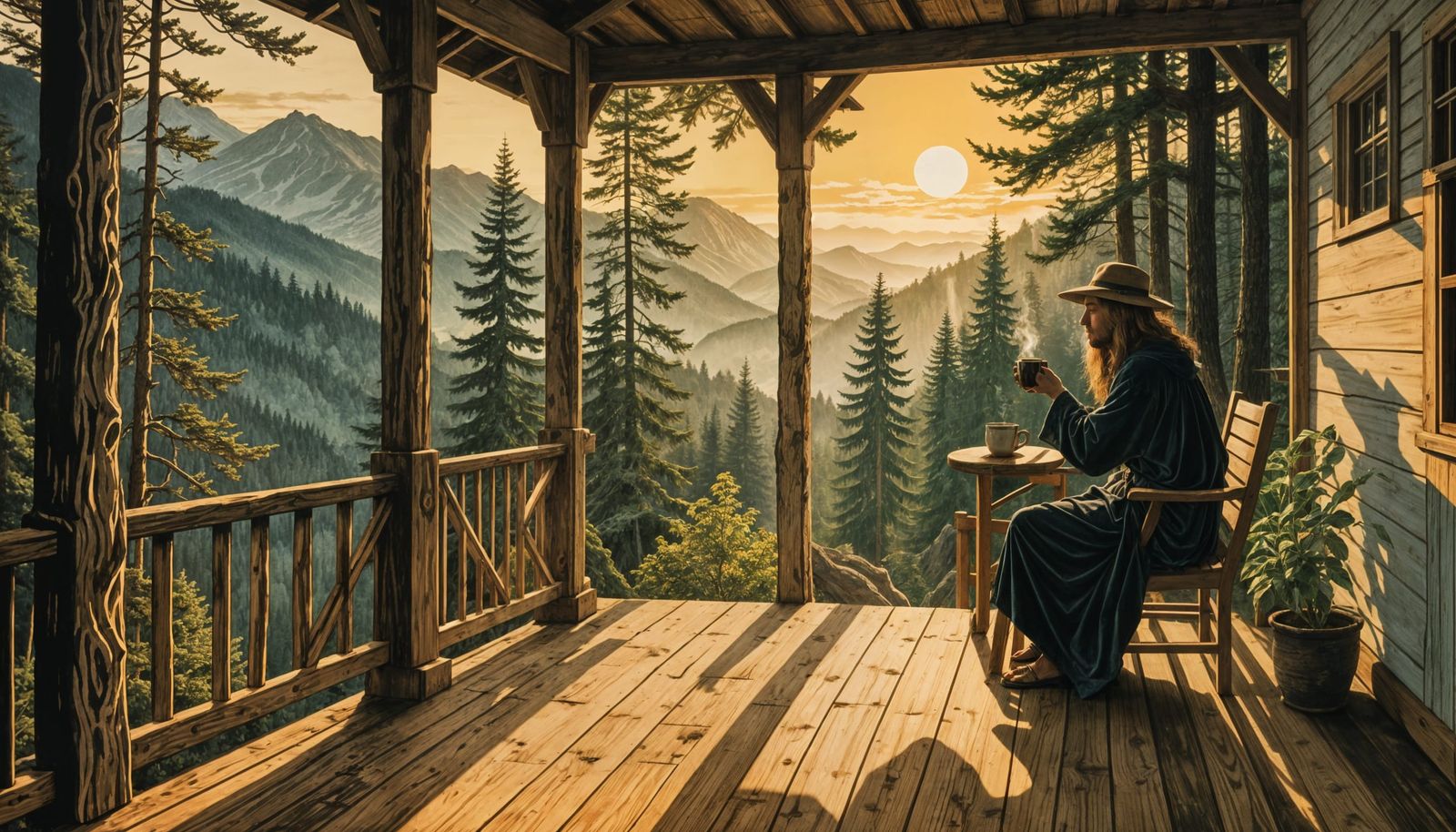 Shadow Figure Sipping Coffee at Sunrise