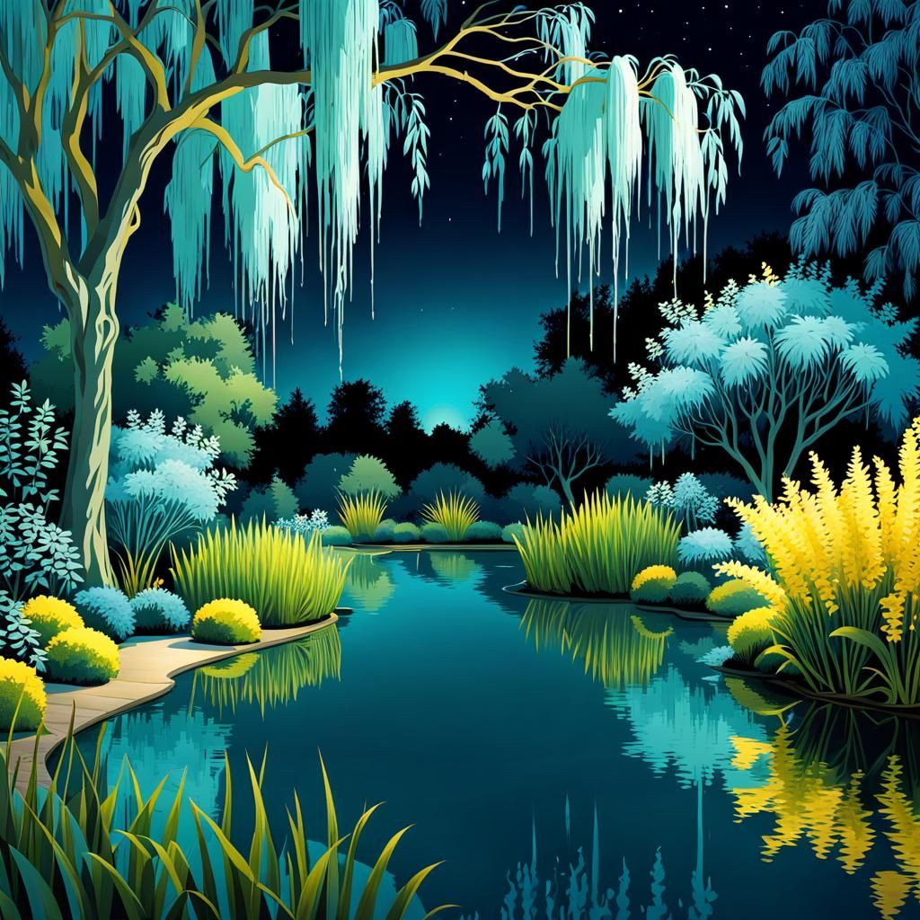 Teal Night Garden with Weeping Willows