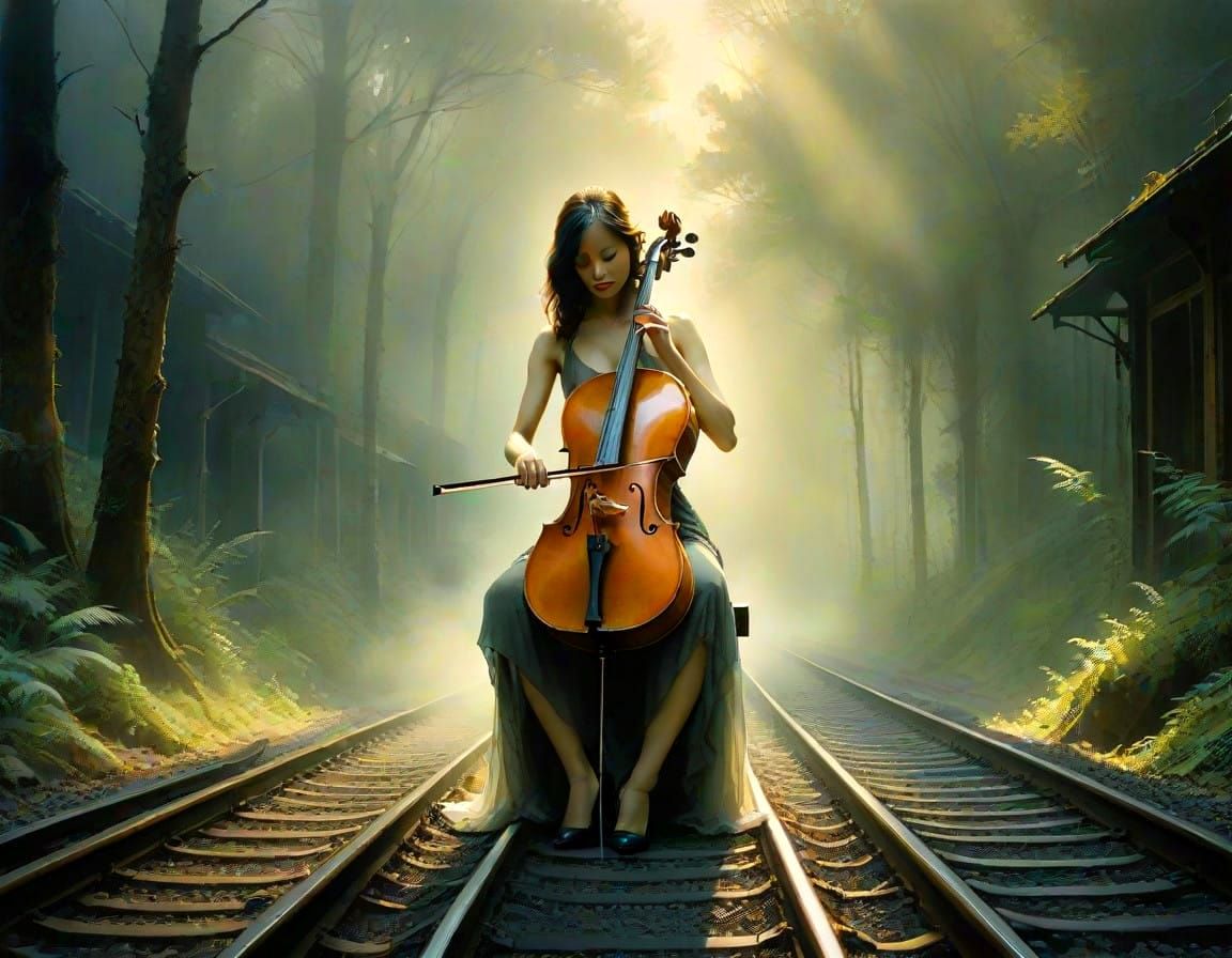 Sensuous Cellist in a Ruined Forest Station, Watercolor Pain...