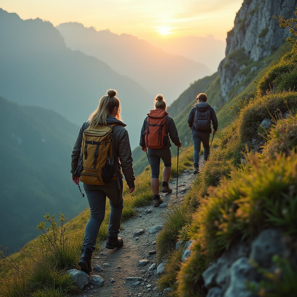 Hikers on Mountain Trail at Sunrise in Dystopian Style