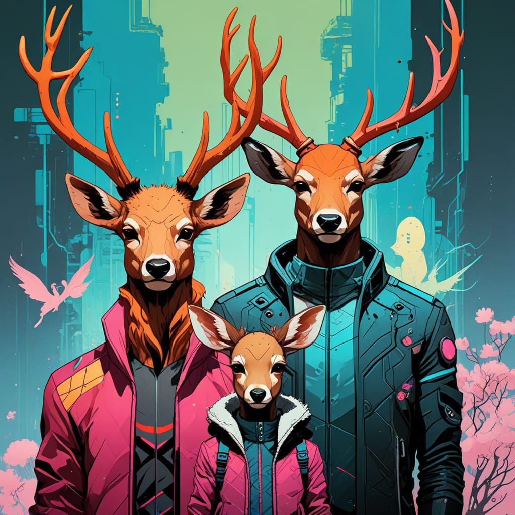 Cyberpunk Deer Family: A Digital Art Masterpiece