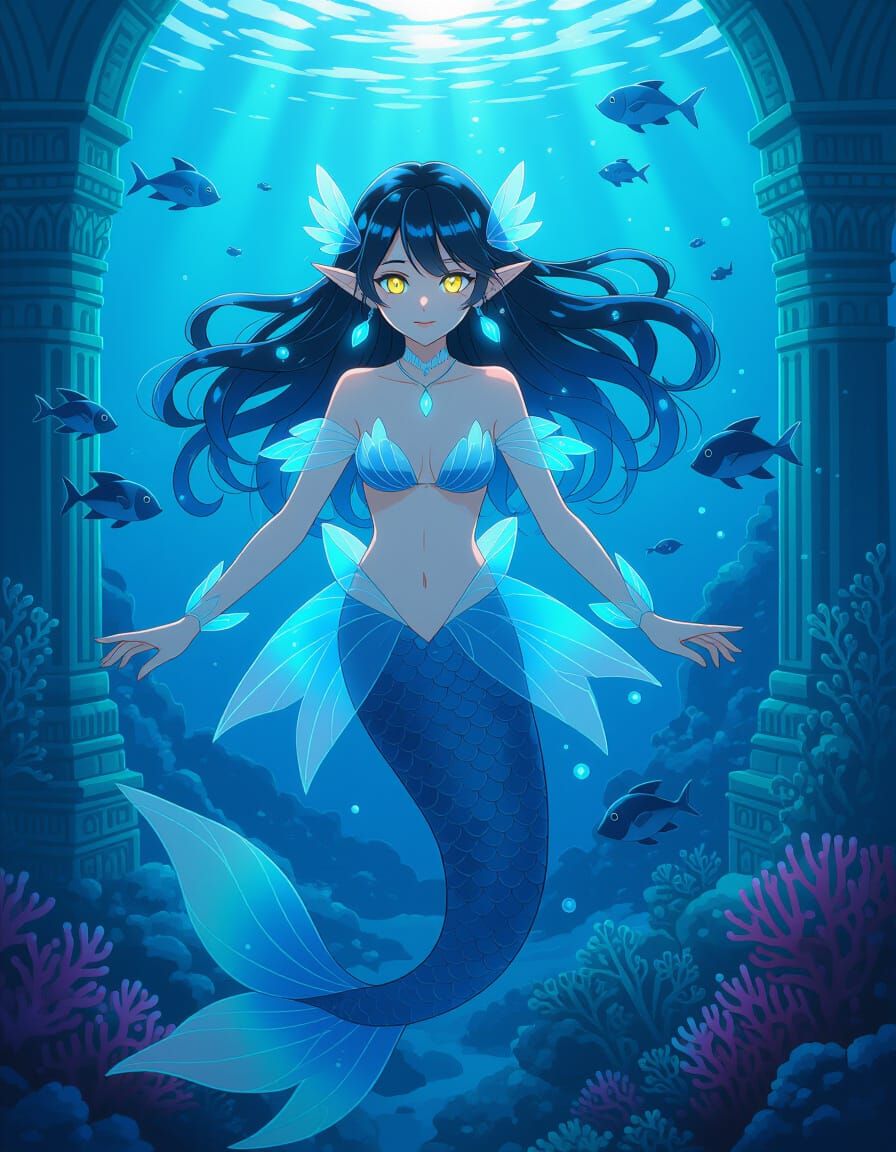 Anime Merfolk Princess in Bioluminescent Coral Palace