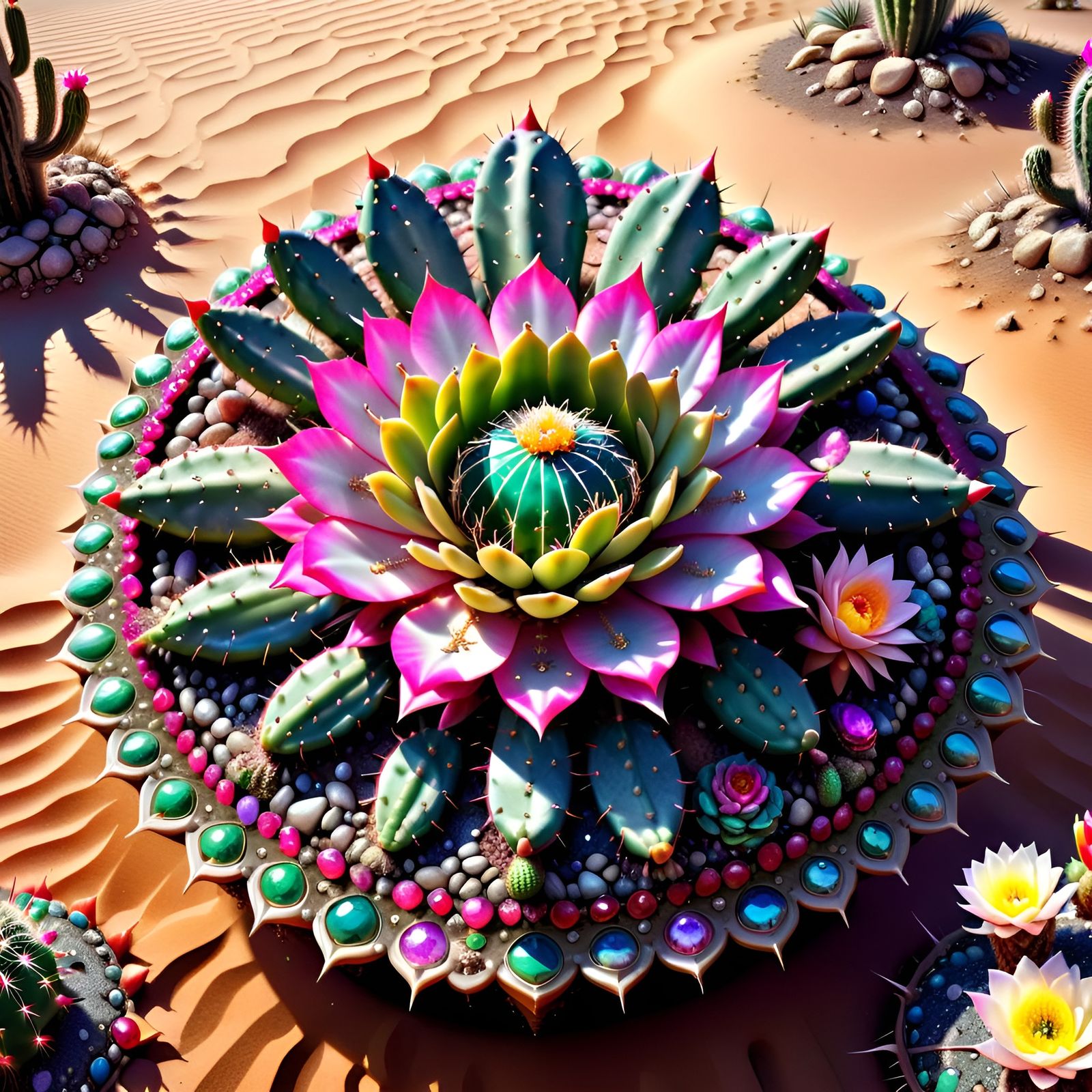 Ornate Desert Mandala with Jewels and Flora